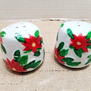 Salt and Pepper Shaker Set Christmas Holly Poinsettia Amhearst Genuine Porcelain